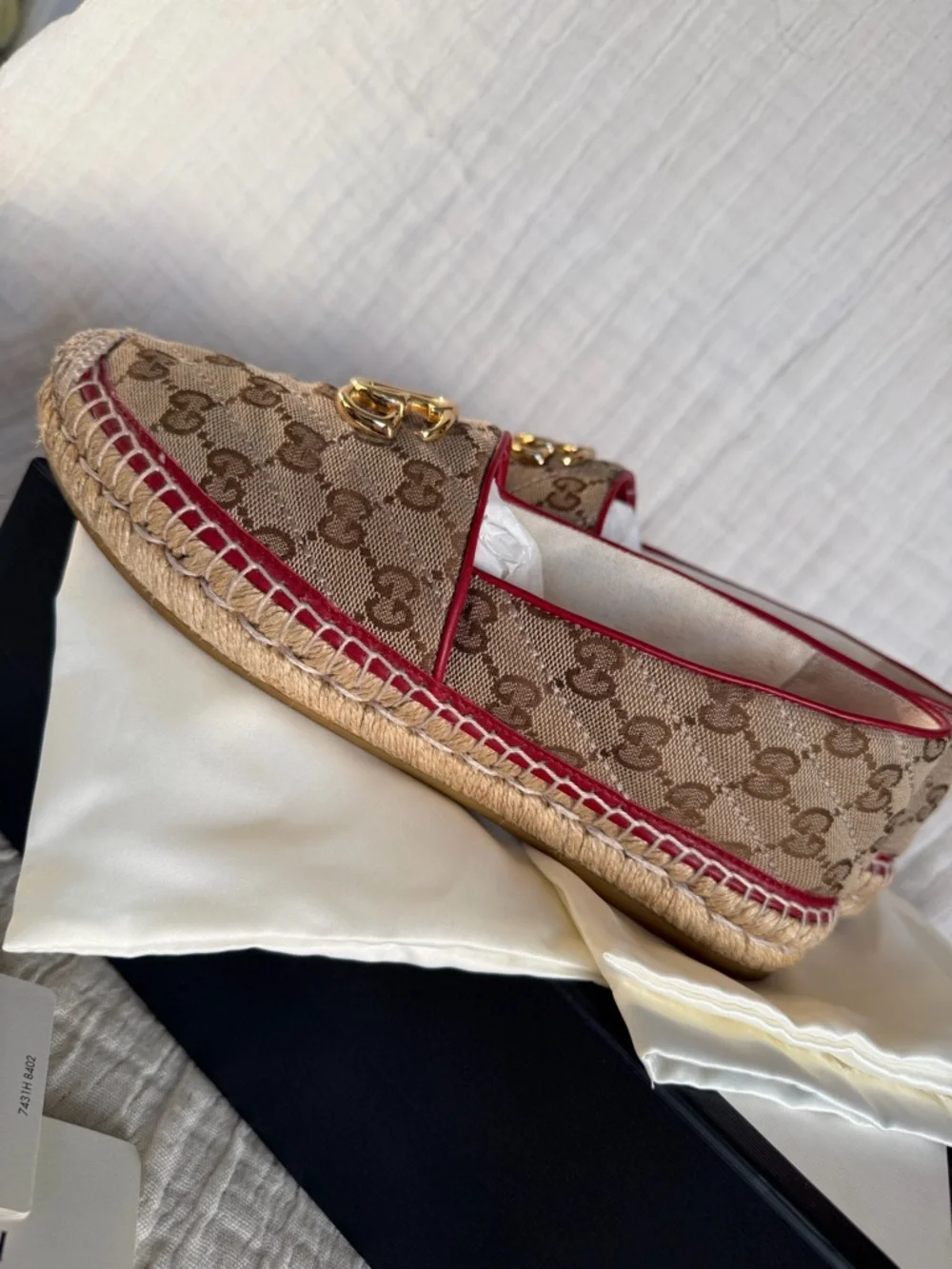 Gucci GG Canvas Espadrille Flats with Red Trim and Gold Double G